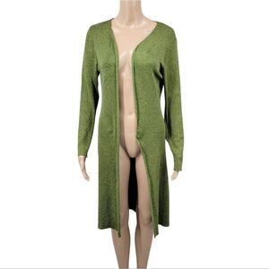CLIO Y2k Silk Cotton Green Longline Open Front Cardigan Sweater Duster